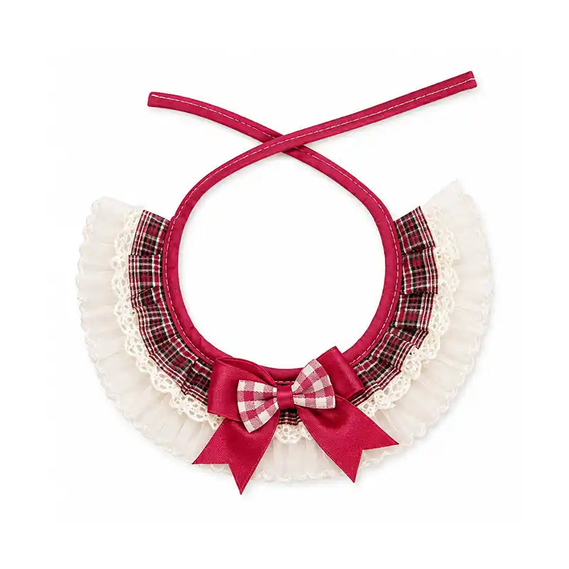 Red plaid pet bib collar with lace trim and bow.