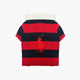 Red and navy striped rugby dog shirt with polo pony on back