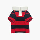 Red and navy striped dog rugby shirt with a white collar 