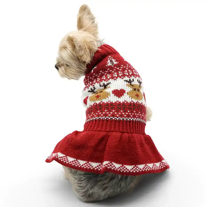 back of yorkie wearing reindeer fair isle sweater dress