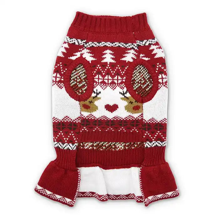 yorkie wearing reindeer fair isle sweater dress underside