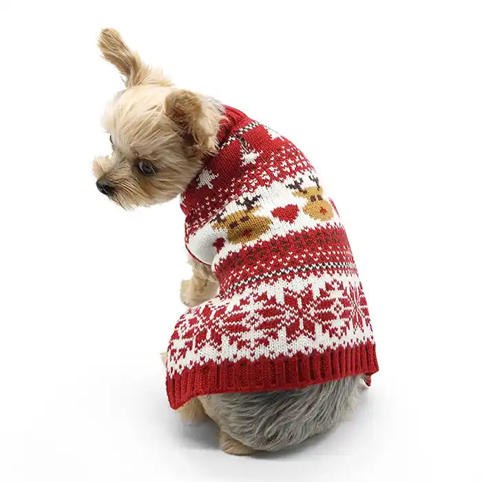 backside of dog wearing reindeer fairisle sweater