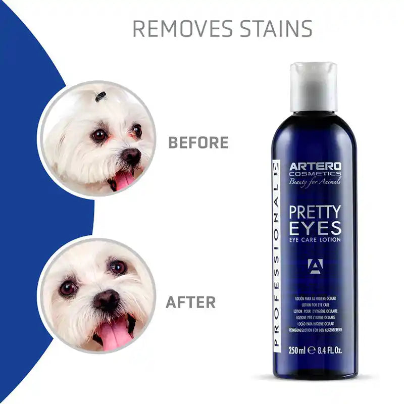 Artero Pretty Eyes eye care lotion bottle with a before and after comparison of a dog's eyes.