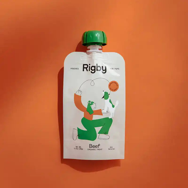 Rigby pet food pouch on an orange background
