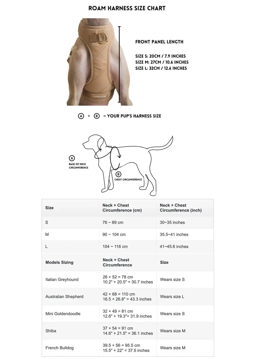 Roam Harness size chart