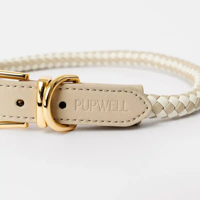 Cream and beige rolled, braided dog collar with a gold buckle and 'PUPWELL' branding on a white background