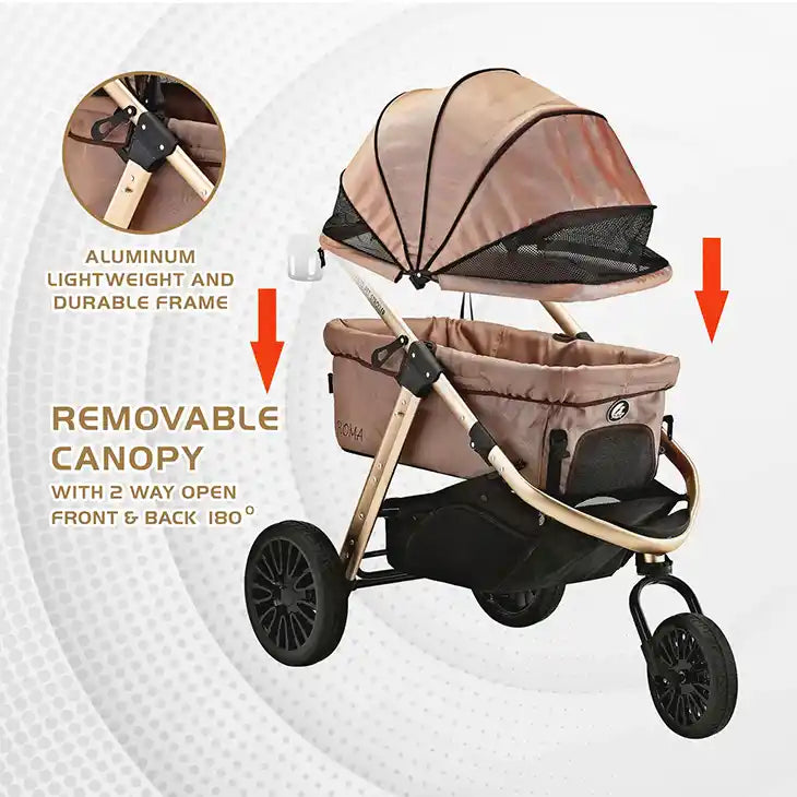 roma jogging pet stroller tan removable canopy