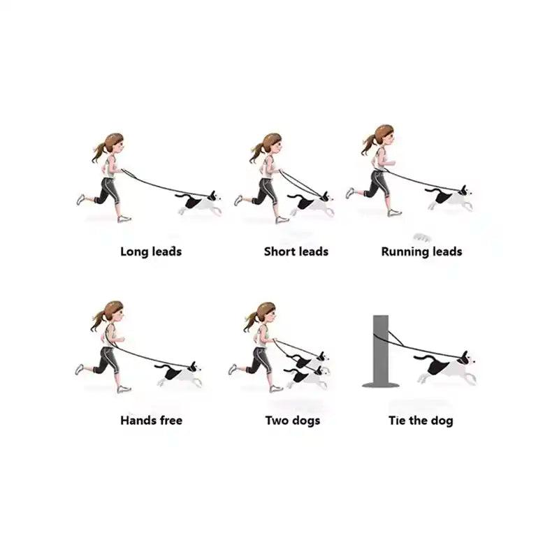 diagram of uses for MiAmore Hands-Free Multi-functional Rope Dog Leash 