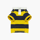 Navy and yellow striped collared dog rugby shirt on a white background