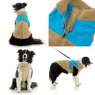 4 tiles showing different views of the Gooby Dog Color Block Harness Vest in Turqouise Blue & Tan