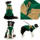 4 tiles showing different views of the Gooby Dog Color Block Harness Vest in Green & Tan