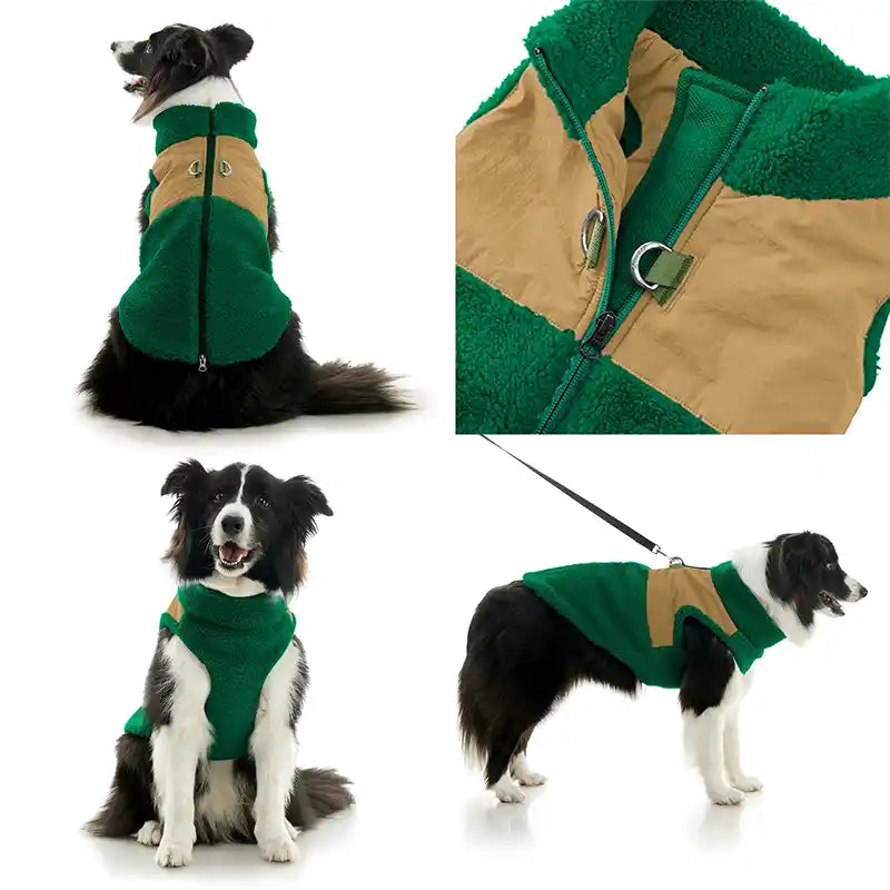 4 tiles showing different views of the Gooby Dog Color Block Harness Vest in Green & Tan