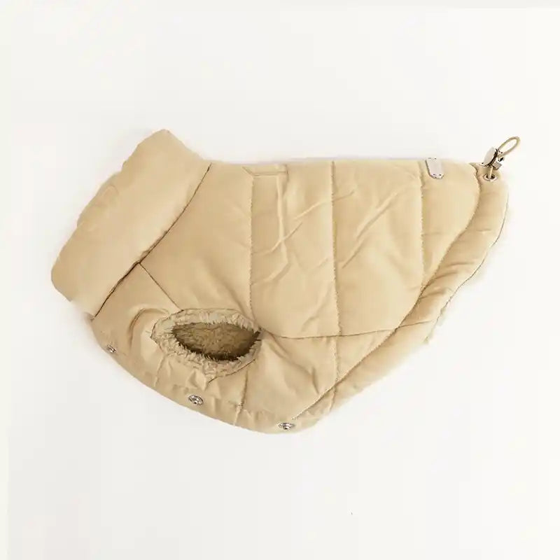 side view of tan puffer jacket with sherpa lining