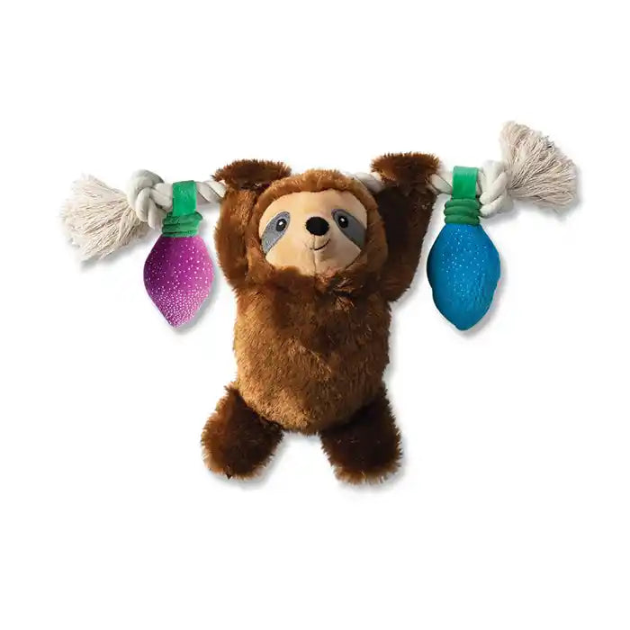 sloth hanging on christmas lights dog toy