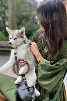 Woman holding a dog with black leather Susan leash