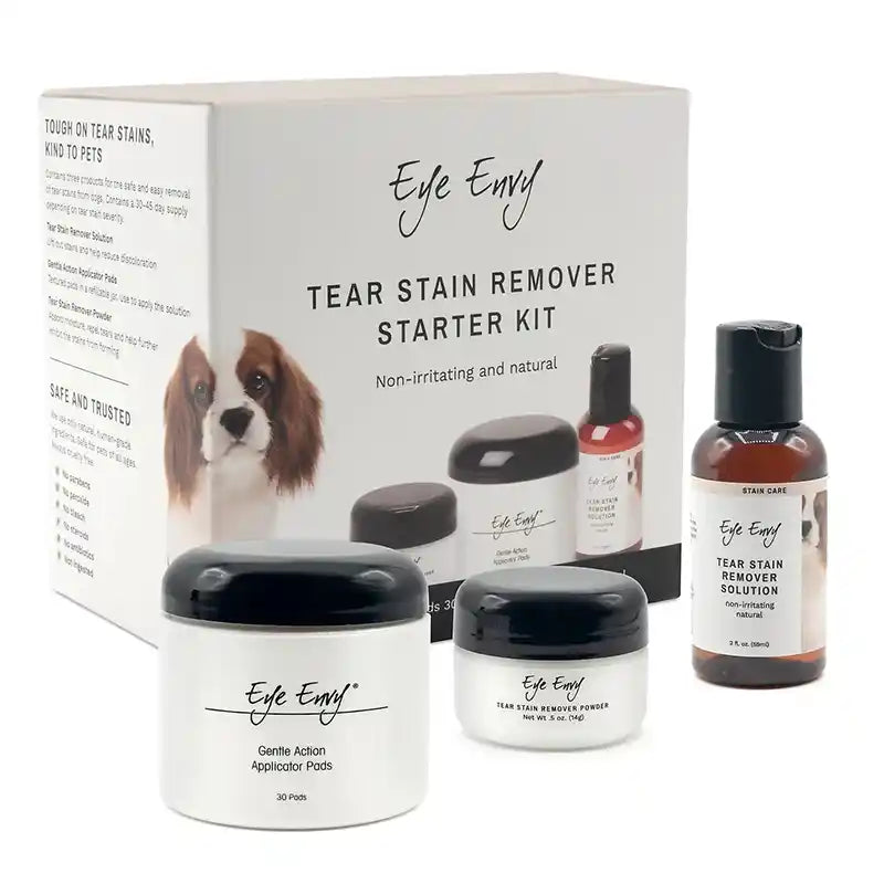 Eye Envy tear stain remover starter kit with packaging and products on a white background