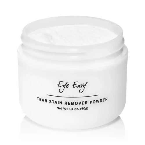 White jar of Eye Envy Tear Stain Remover Powder on a white background