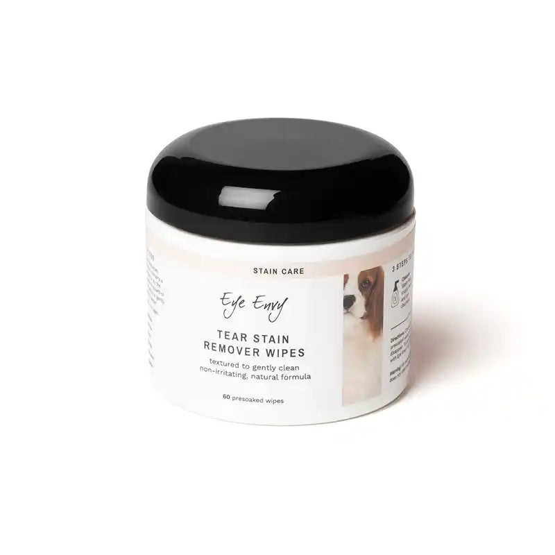 Tear stain remover wipes container with black lid on a white background