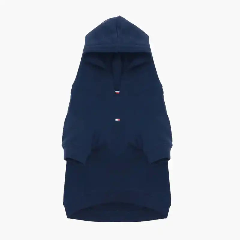 Tommy Hilfiger navy dog hoodie shown from the front with long sleeves and chest logo