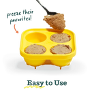 Yellow silicone mold with mix inside, labeled 'freeze their favorites! Easy to Use'.