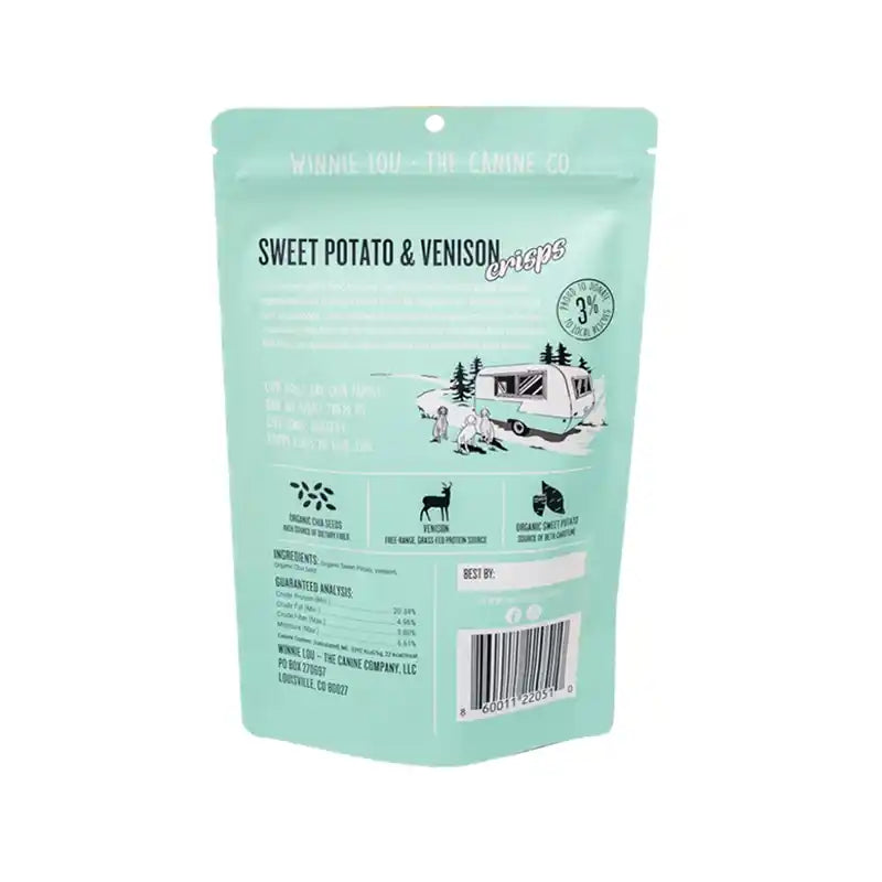 back of packaging for sweet potato & venison dog treats