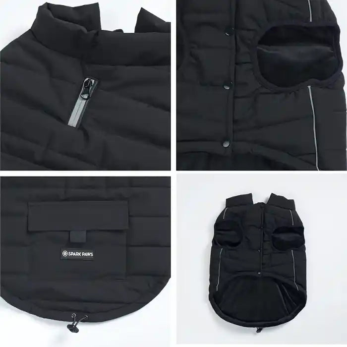 different views of the warmshield dog jacket