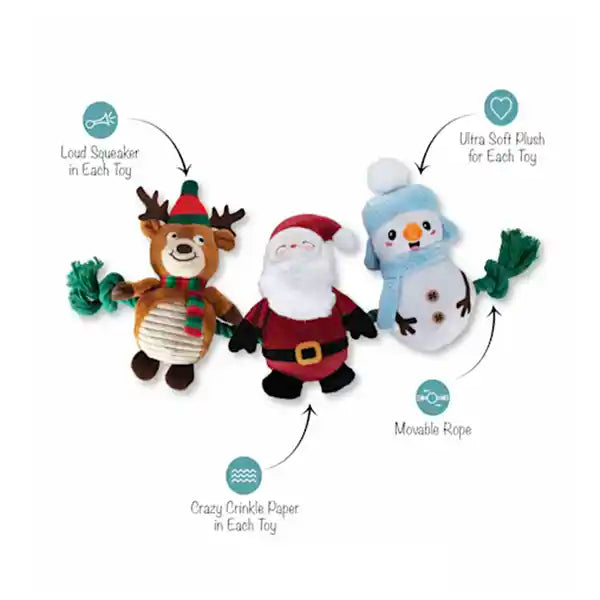 diagram of features of Santa Snowman Reindeer plush dog toys on a rope