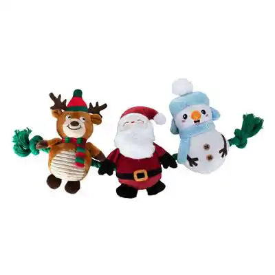 Santa Snowman Reindeer plush dog toys on a rope