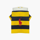 Polo Dog Rugby shirt with blue and yellow stripes and a red logo on a white background
