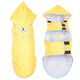Yellow pet rain coat with a hood on a white background