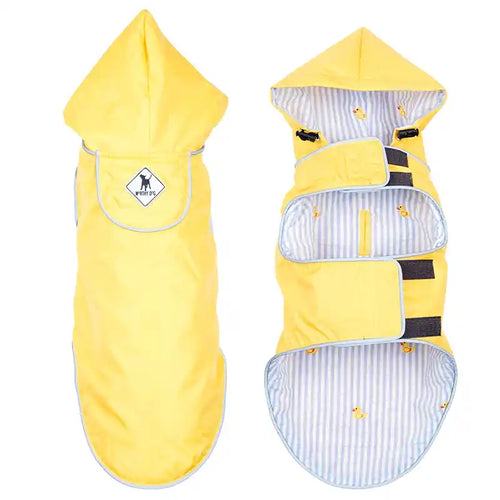 Yellow pet rain coat with a hood on a white background