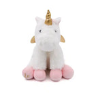 Plush unicorn dog toy with a gold horn, pink hooves on a white background
