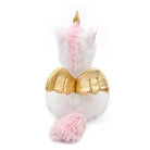 Unicorn dog plush toy with gold horn and wings, pink accents on a white background