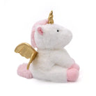 Plush toy unicorn with gold wings and horn on a white background
