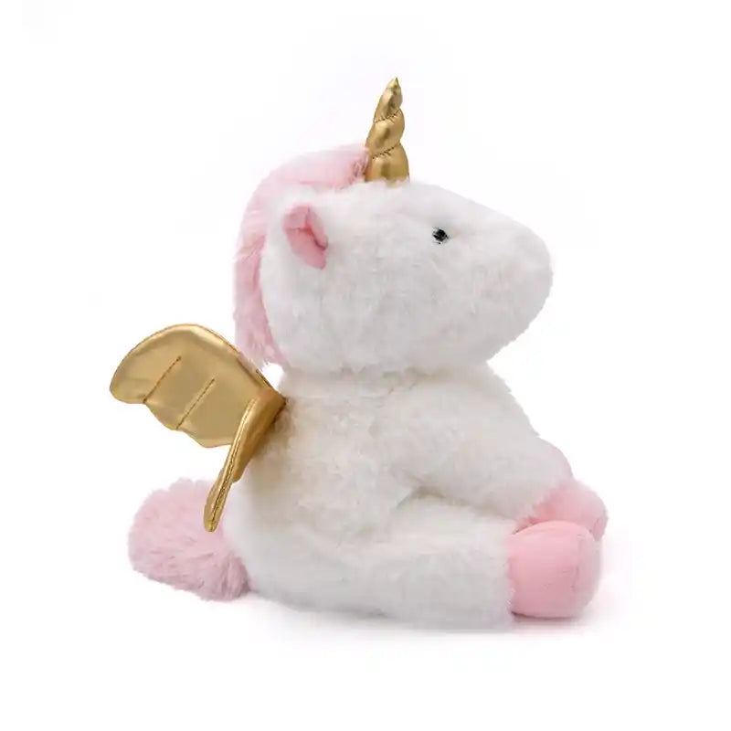 Plush toy unicorn with gold wings and horn on a white background