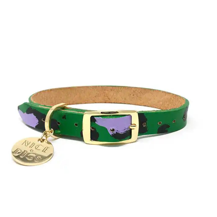 nice digs green hand-painted animal print leather dog collar