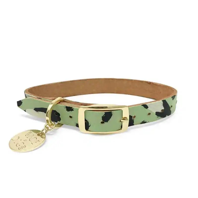 nice digs pistachio green hand-painted leather animal print dog collar