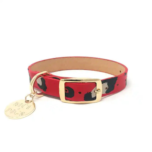 nice digs red hand-painted leather animal print dog collar