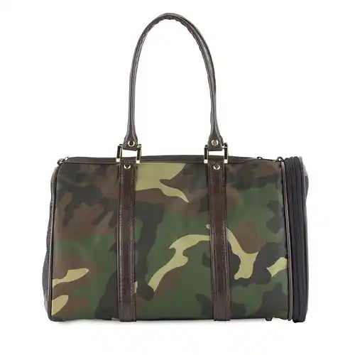 luxury camo pet carrier with brown faux leather trim
