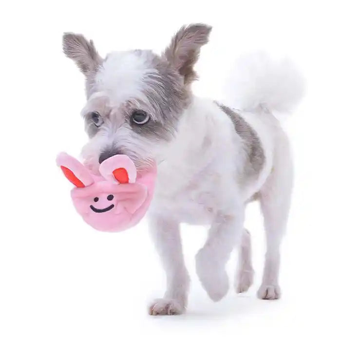 dog holding squeaky pink bunny slipper dog toy