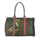 luxury camo pet carrier with green & red stripe trim