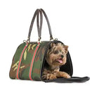 luxury camo pet carrier with green & red stripe trim