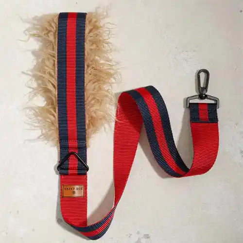 saint rue the city leash fur - navy and red with tan fur handle lining