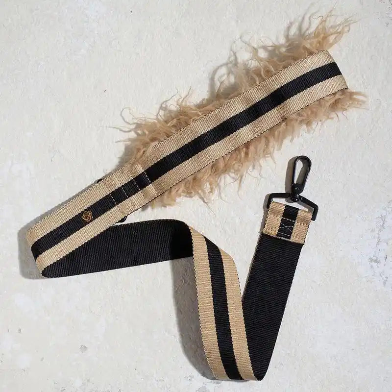 saint rue the city leash fur - tan and black with tan fur handle lining