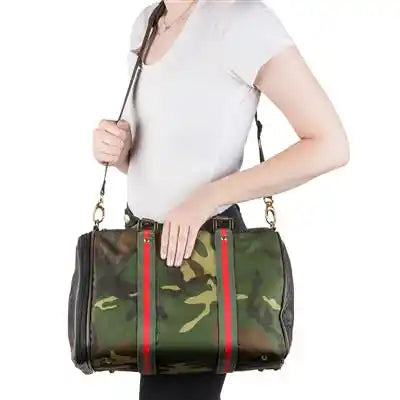 luxury camo pet carrier with green & red stripe trim