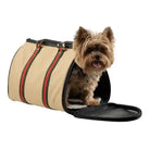 khaki with green/red stripe trim luxury dog carrier