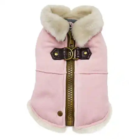 dogo pink furry runner dog coat with built in harness