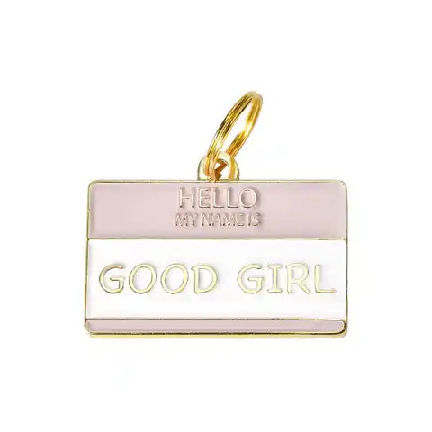 two tails 'hello my name is good girl' dog id tag