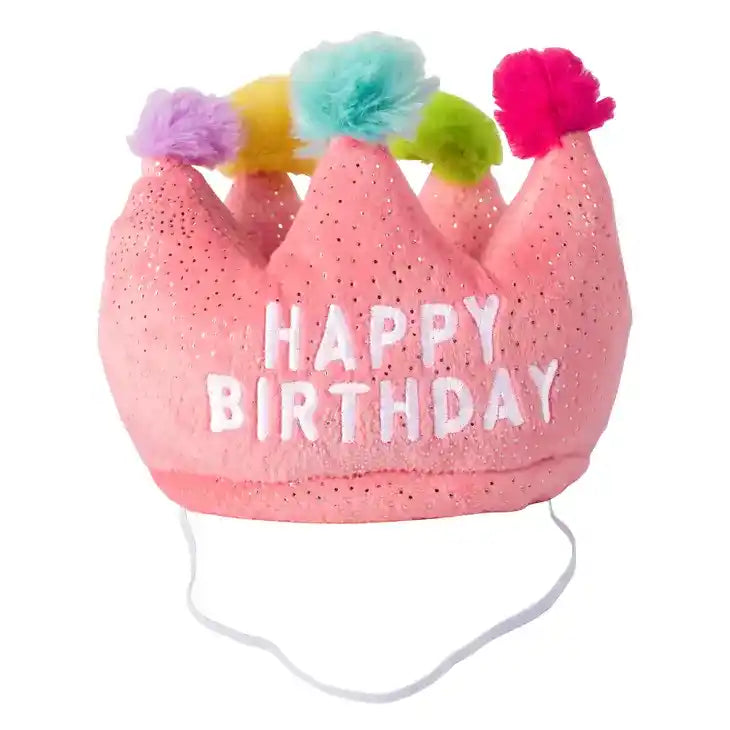 plush pink birthday crown dog toy