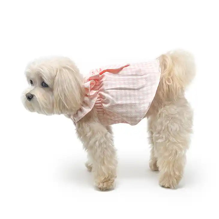 pink gingham dog dress styled showing side